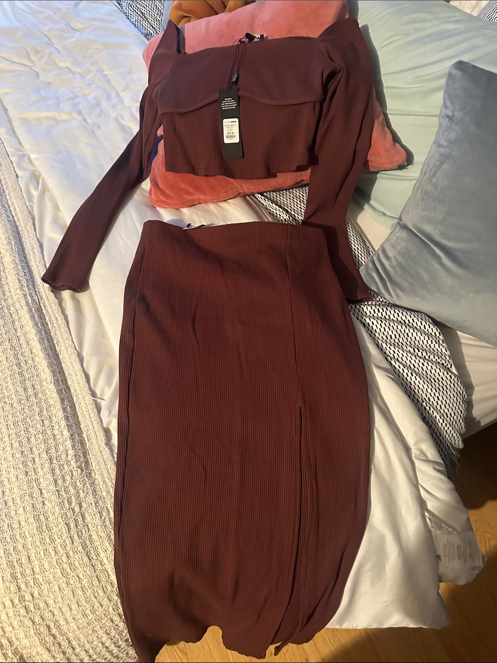 Fashion Nova Burgundy Ribbed Two-Piece Skirt Set